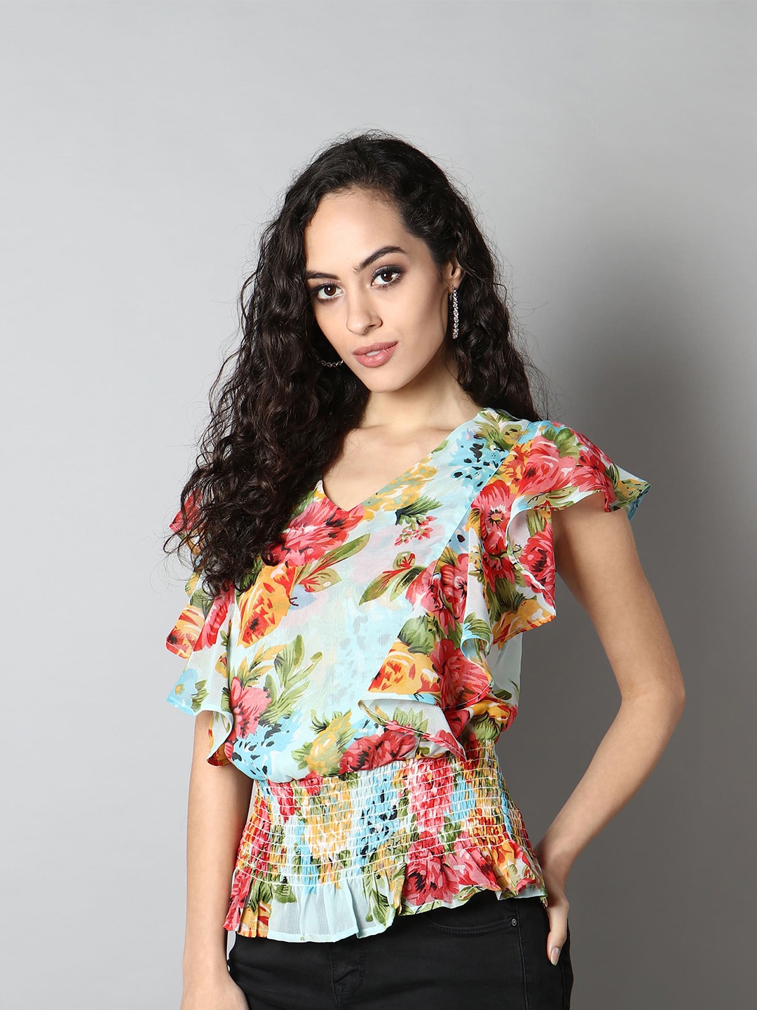 

MINGLAY Green & Pink Floral Print Georgette Peplum Top