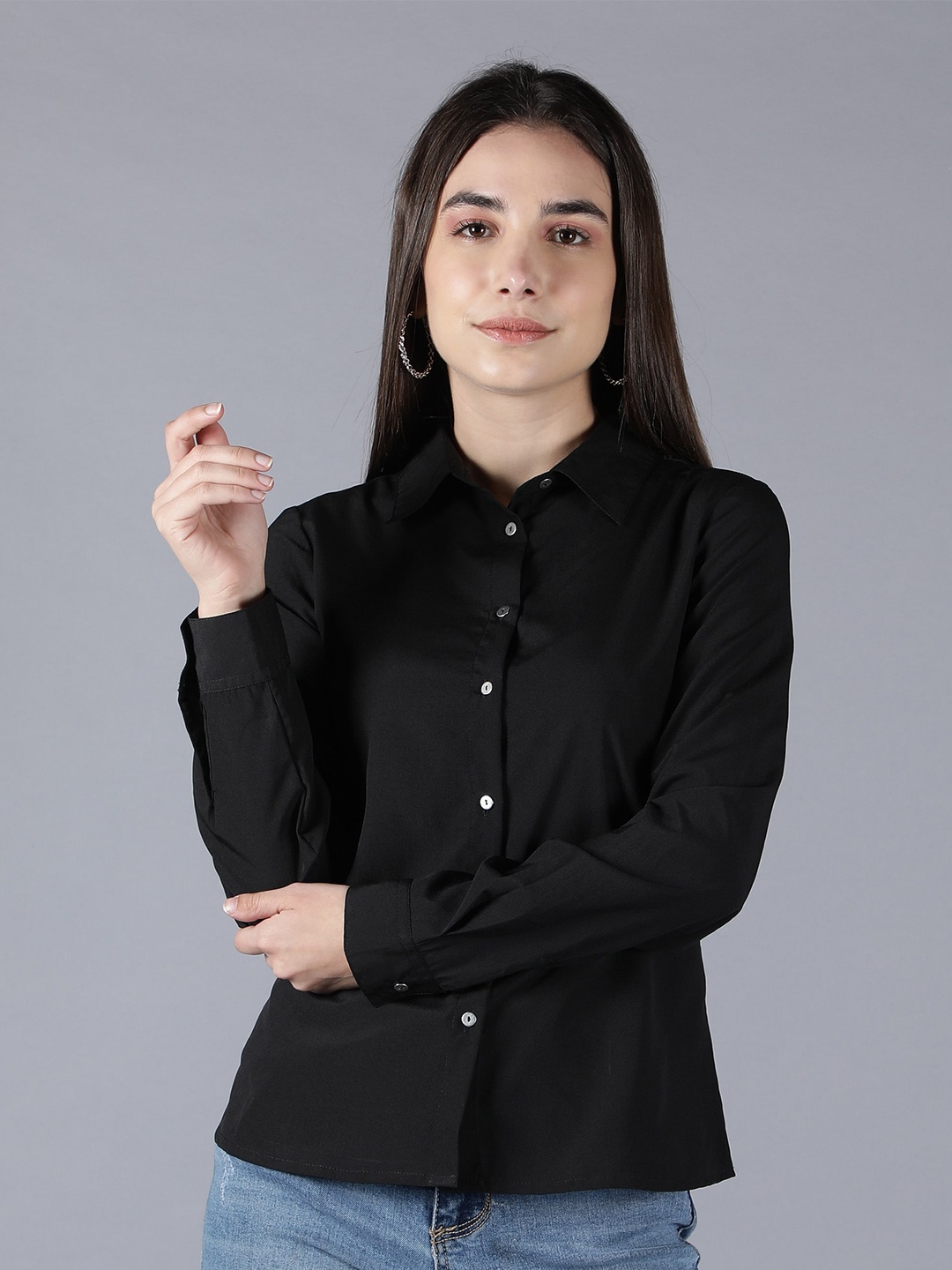 

MINGLAY Women Black Full Sleeves Spread Collar Casual Shirt