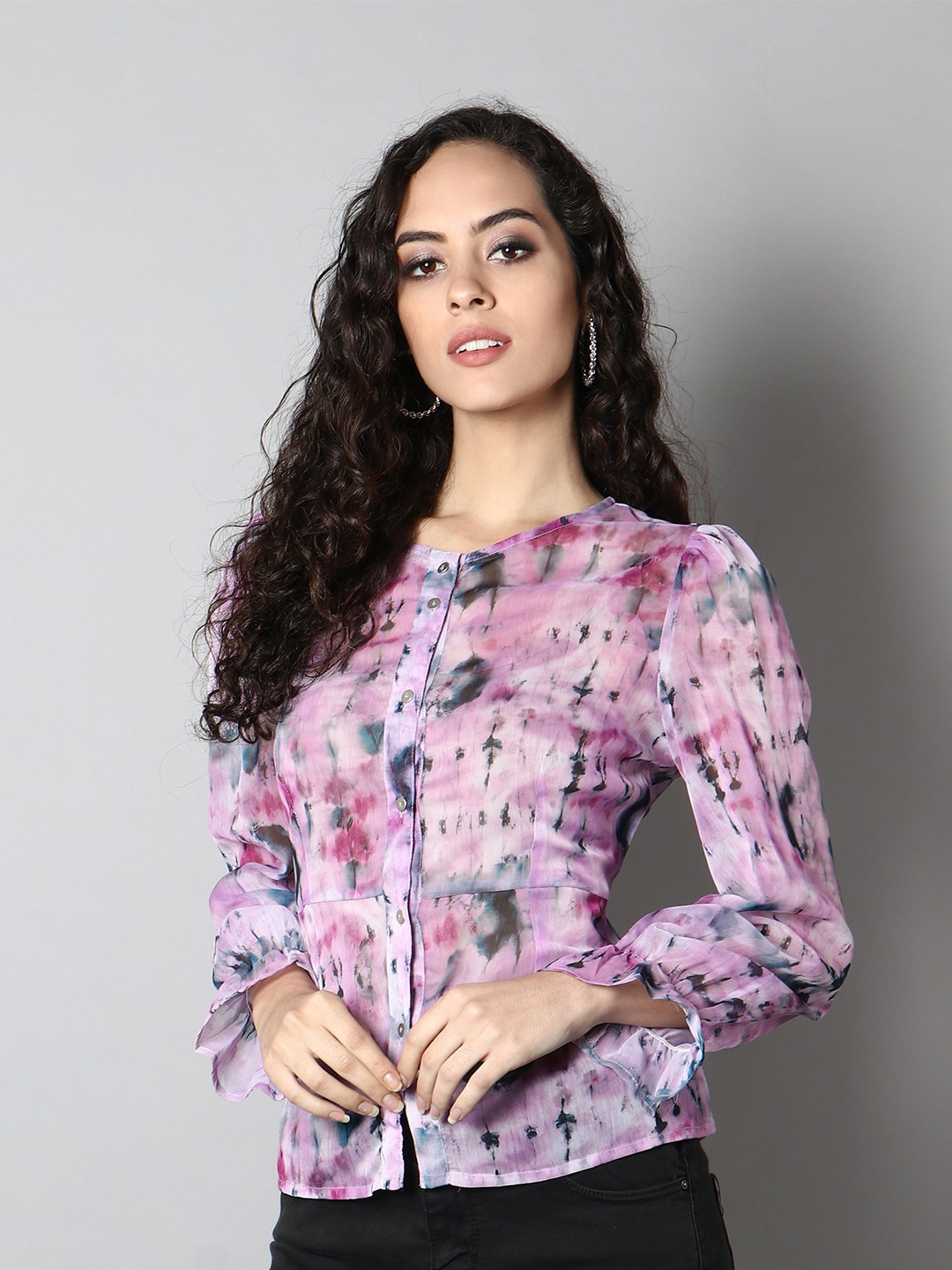 

MINGLAY Women Pink Floral Printed Chiffon Shirt Style Top