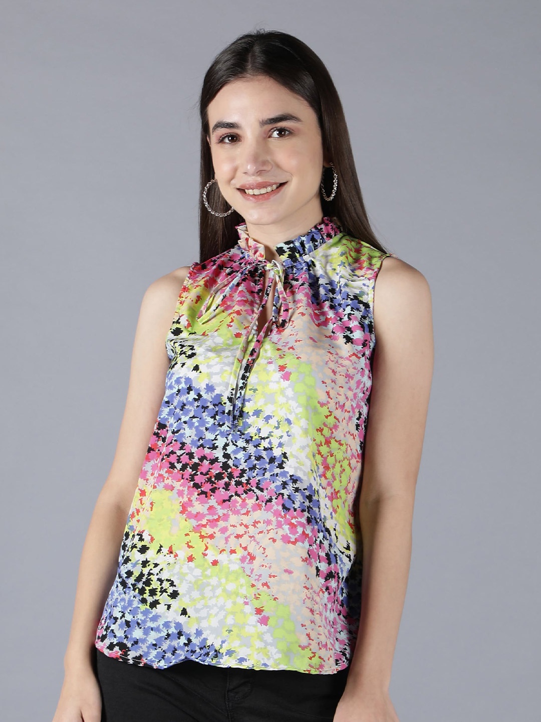 

MINGLAY Women Pink & Green Printed Crepe Top