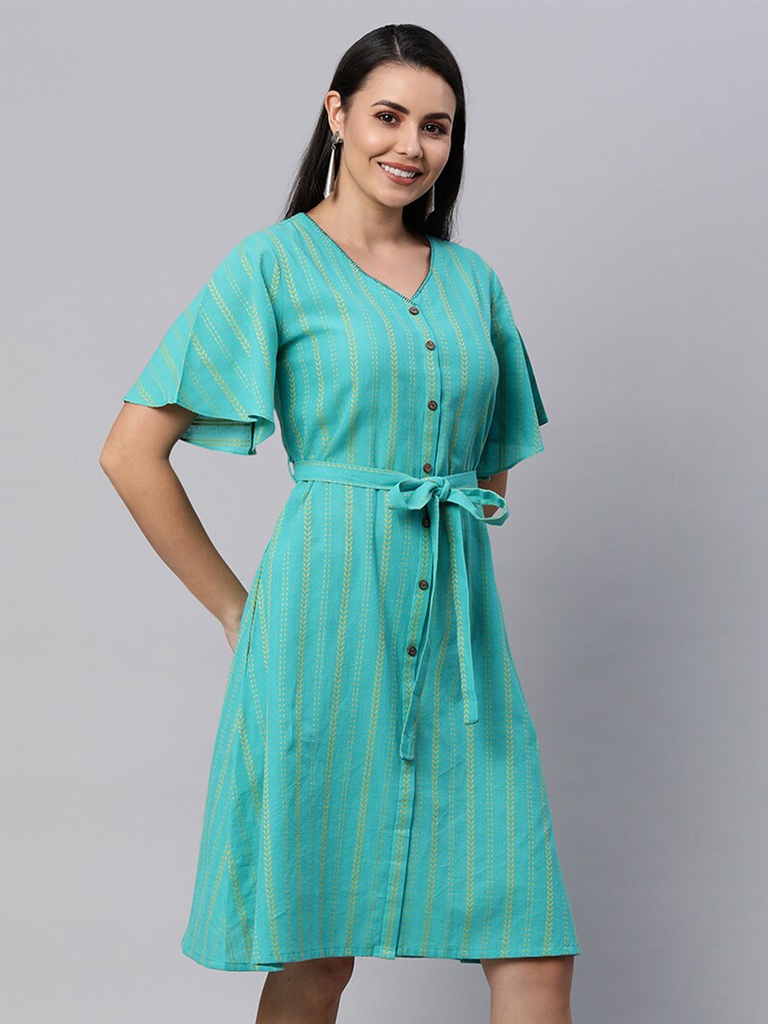 

KAMI KUBI Women Teal Green Striped A-Line Flared Sleeves Pure Cotton Dress