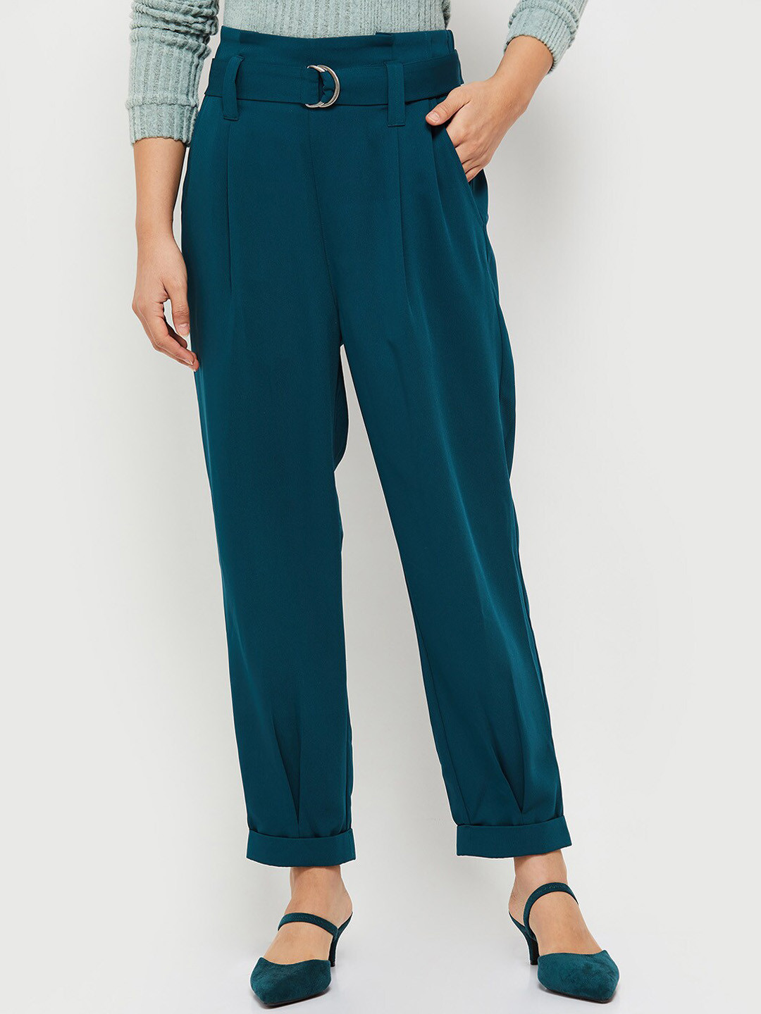 

max Women Teal Pleated Regular Trouser