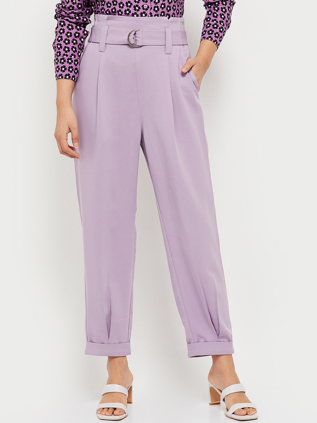 

max Women Purple Solid Polyester Pleated Trousers