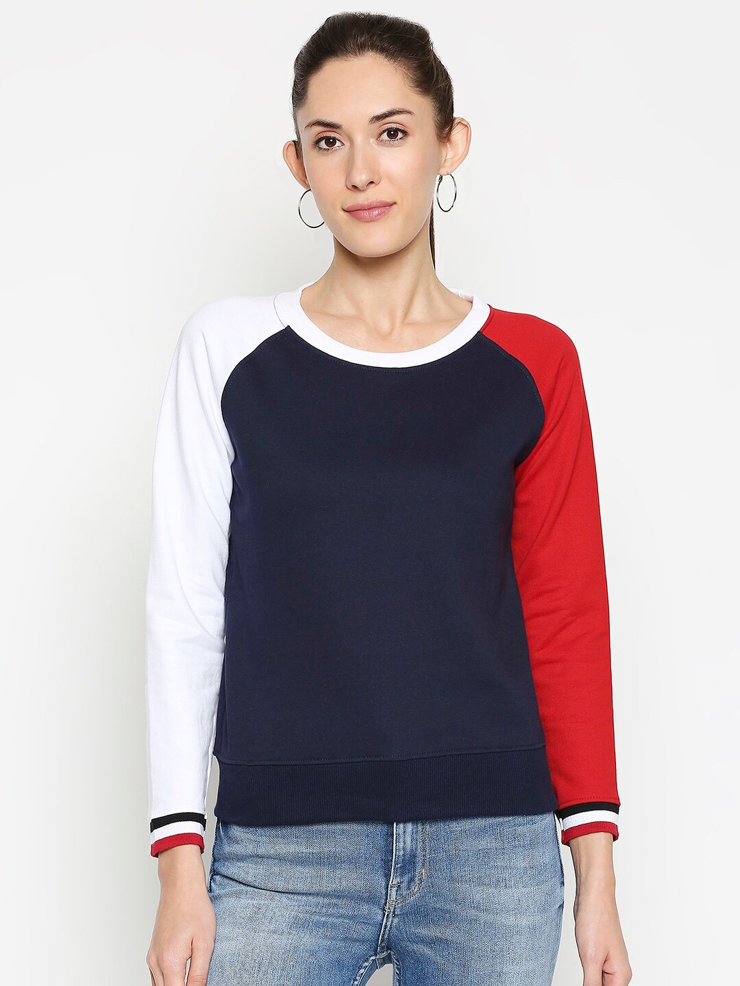 

JHANKHI Women Navy Blue Colourblocked Fleece Sweatshirt