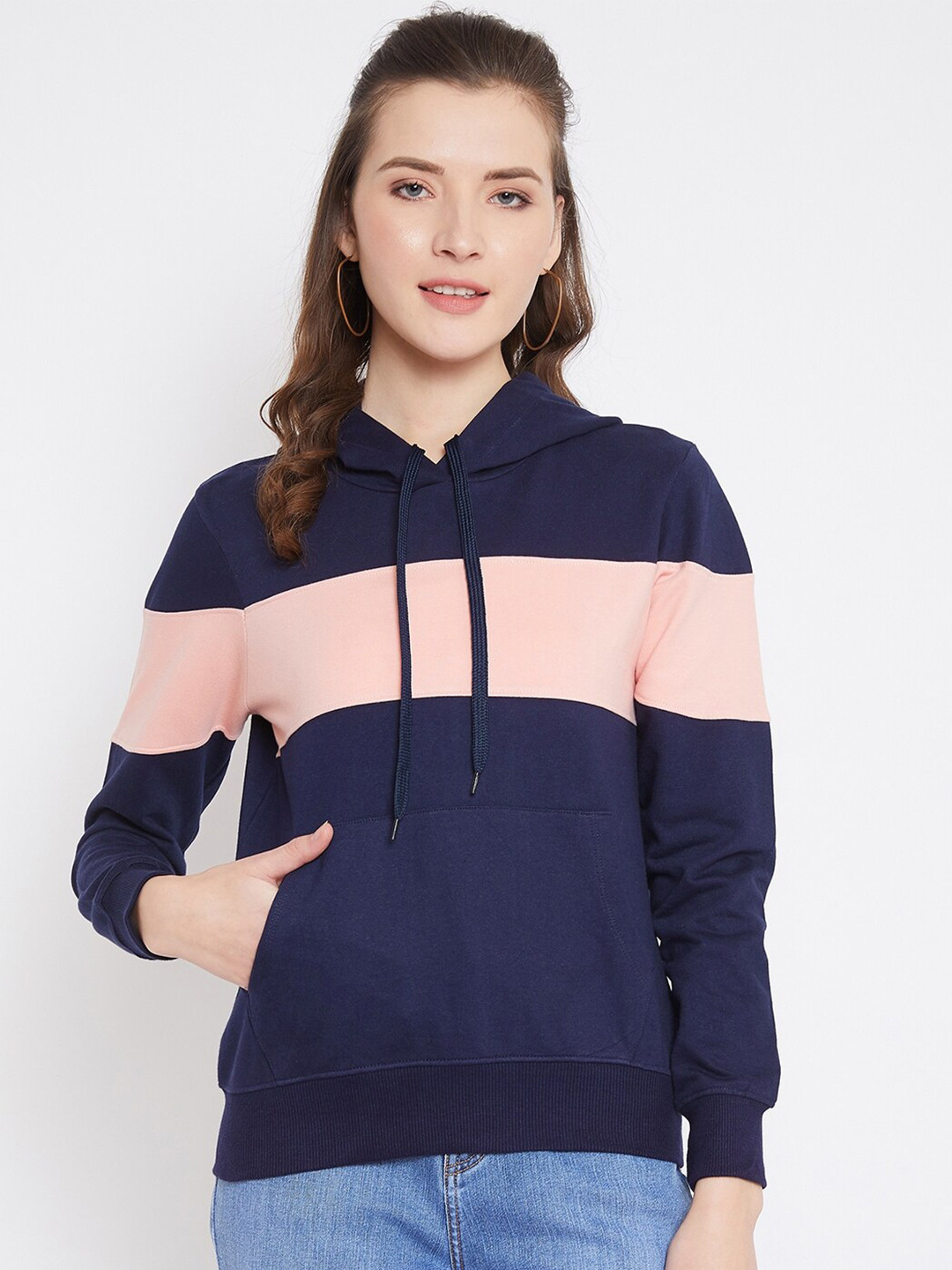 

JHANKHI Women Blue Colourblocked Hooded Fleece Sweatshirt