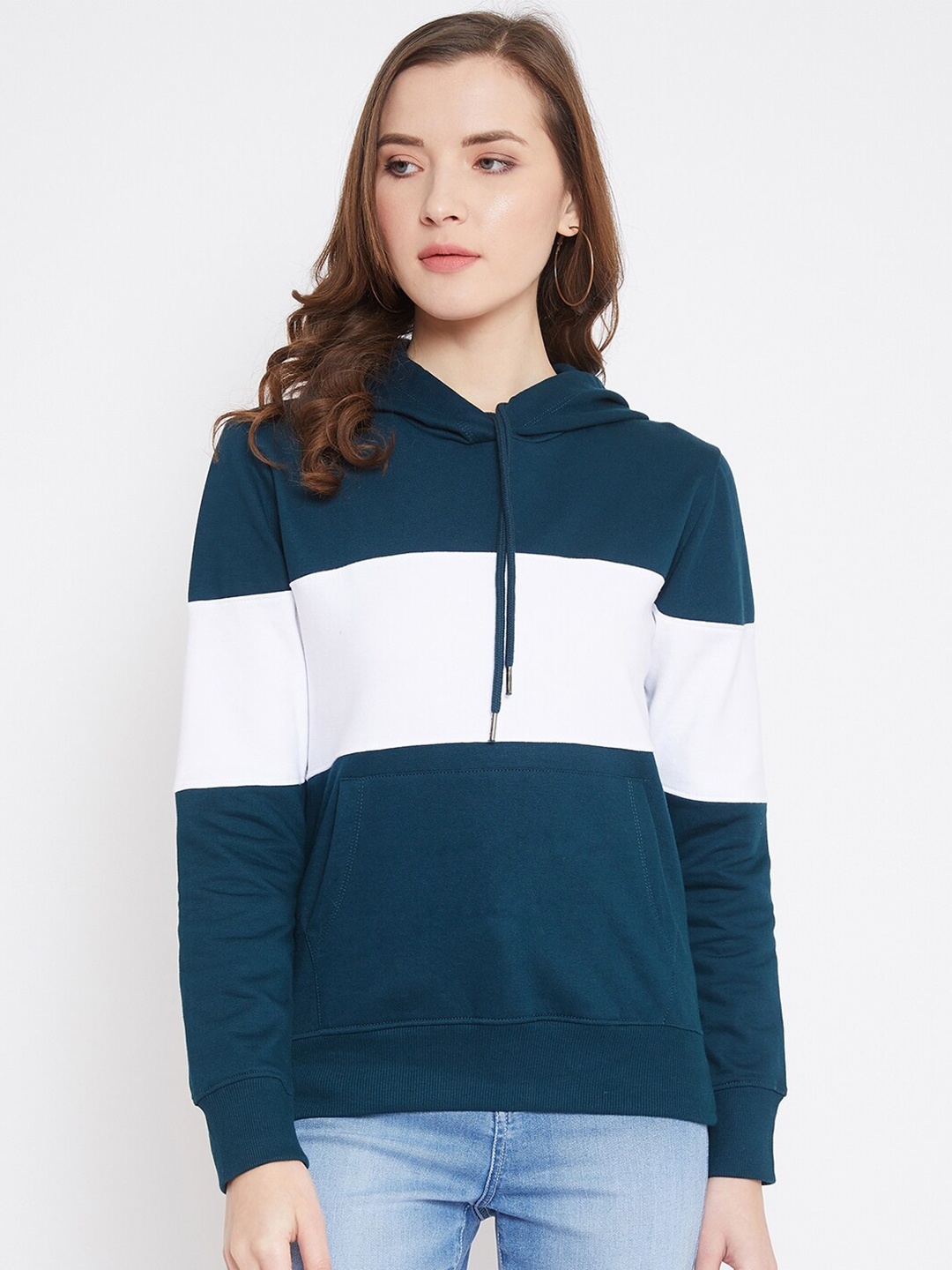 

JHANKHI Women Green Colourblocked Hooded Sweatshirt