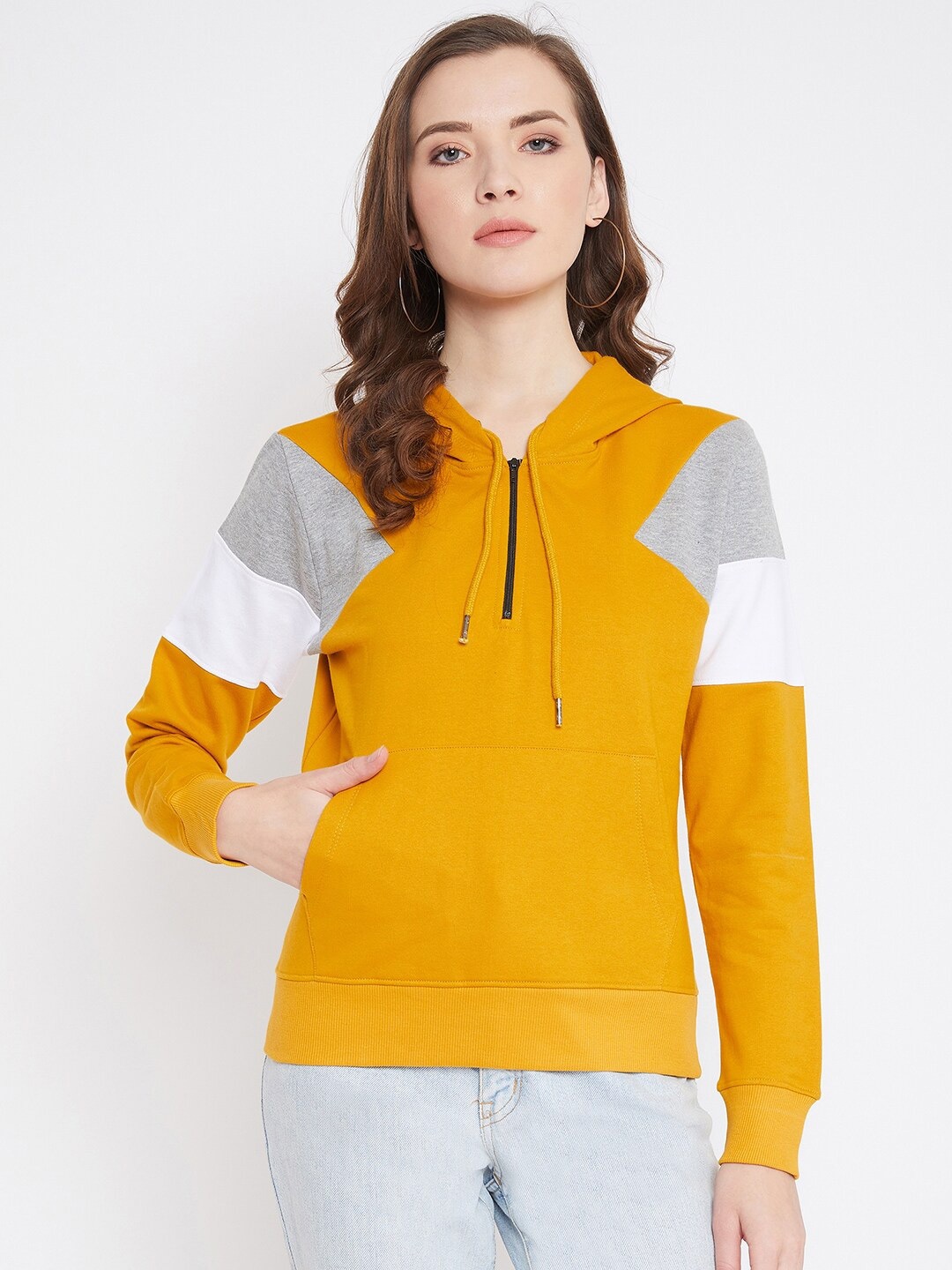 

JHANKHI Women Yellow Colourblocked Hooded Sweatshirt