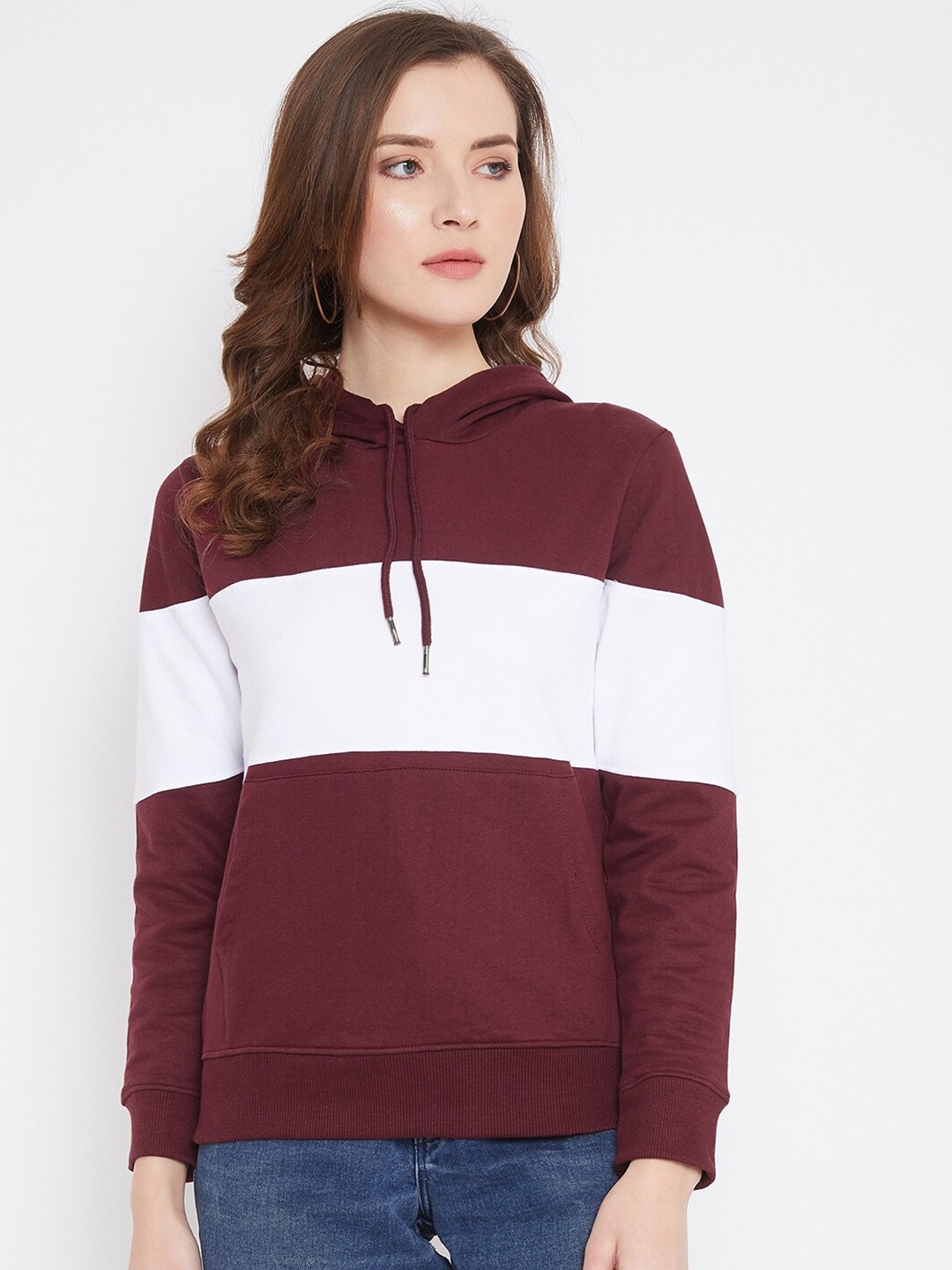 

JHANKHI Women Maroon Colourblocked Hooded Sweatshirt