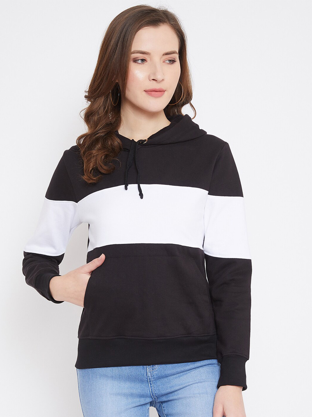 

JHANKHI Women Black & White Colourblocked Hooded Sweatshirt