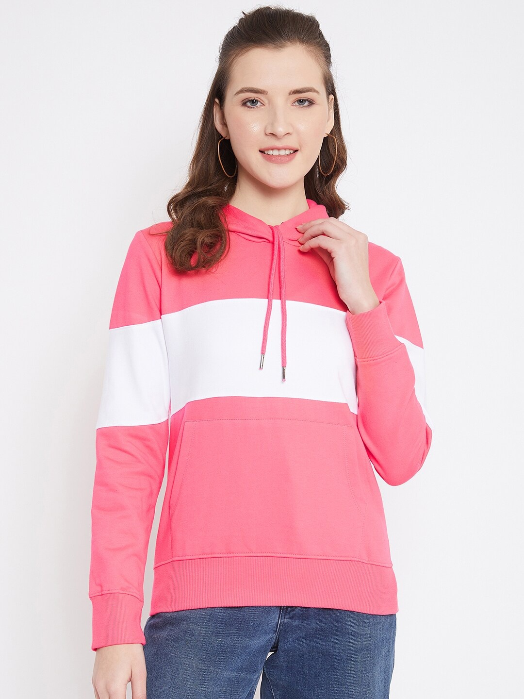 

JHANKHI Women winter Pink & White Colourblocked Hooded Sweatshirt