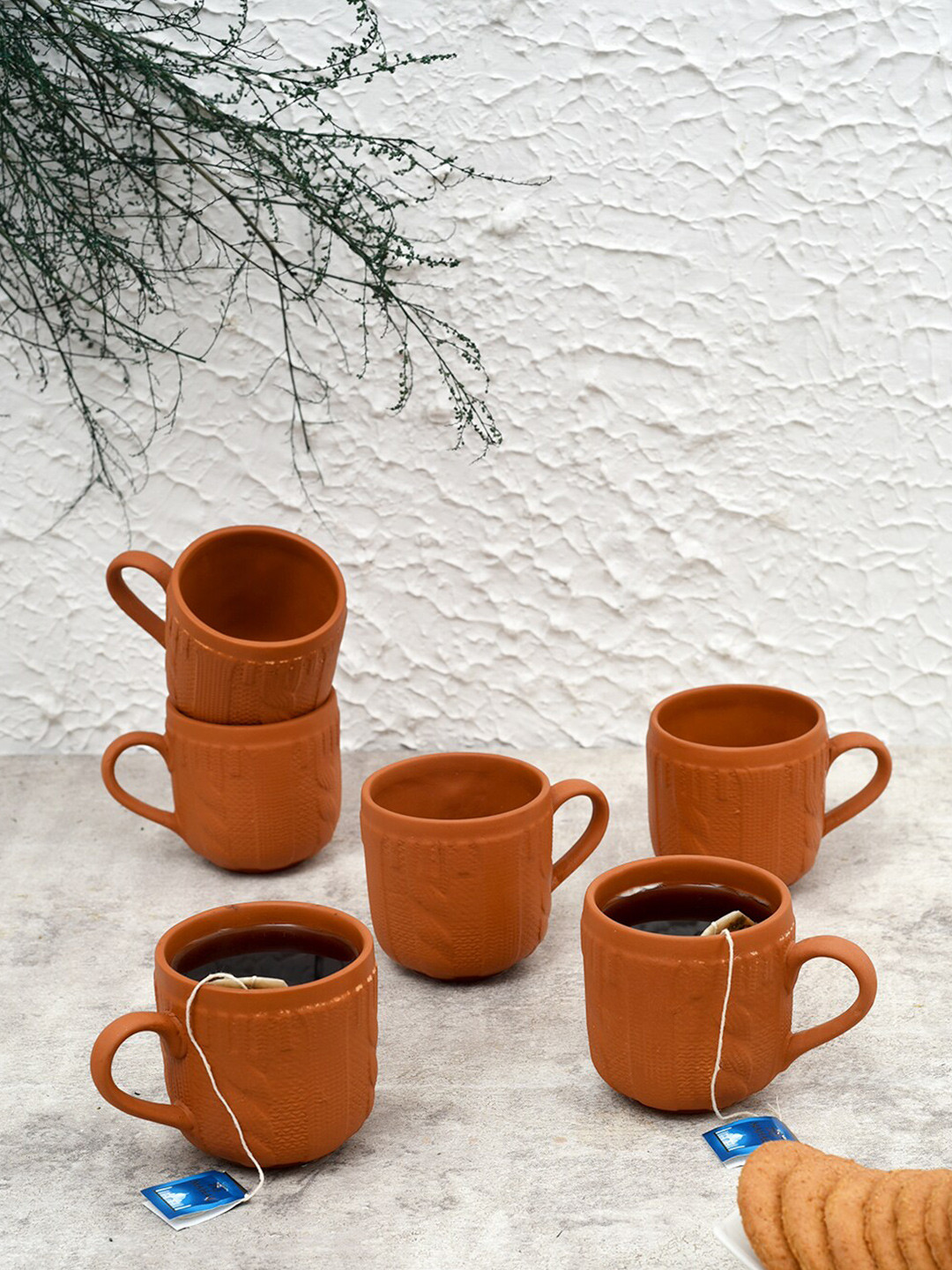 

Unravel India Brown Set Of 6 Textured Terracotta Matte Mugs 110 ml Each