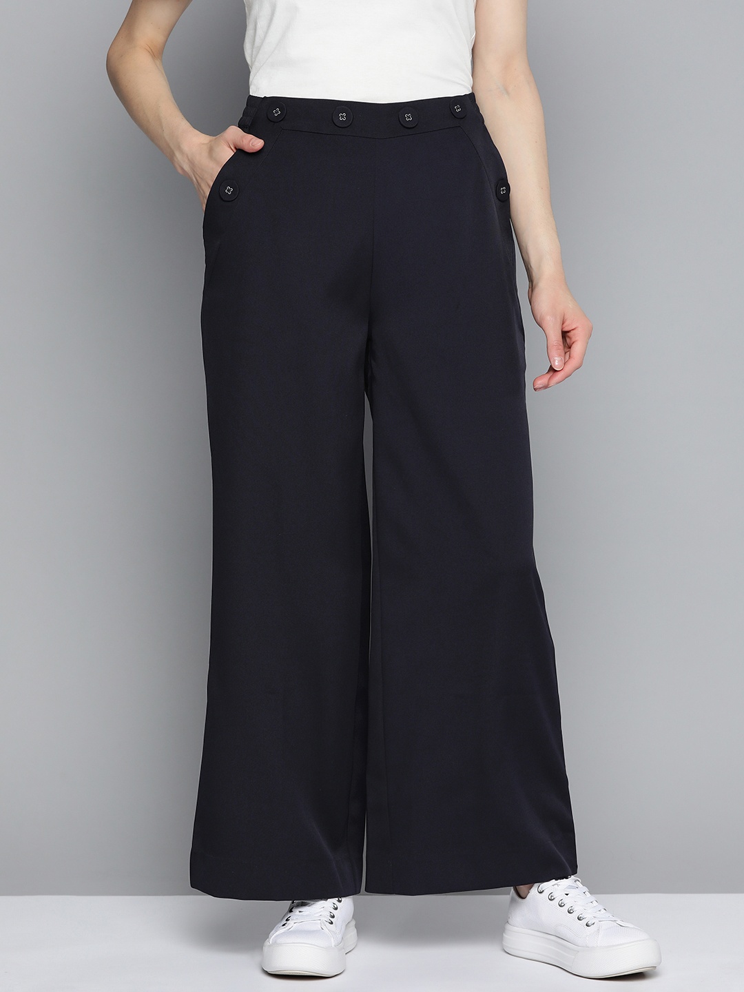 

Mast & Harbour Women Decorative Button-Detailed Flared Trousers, Navy blue