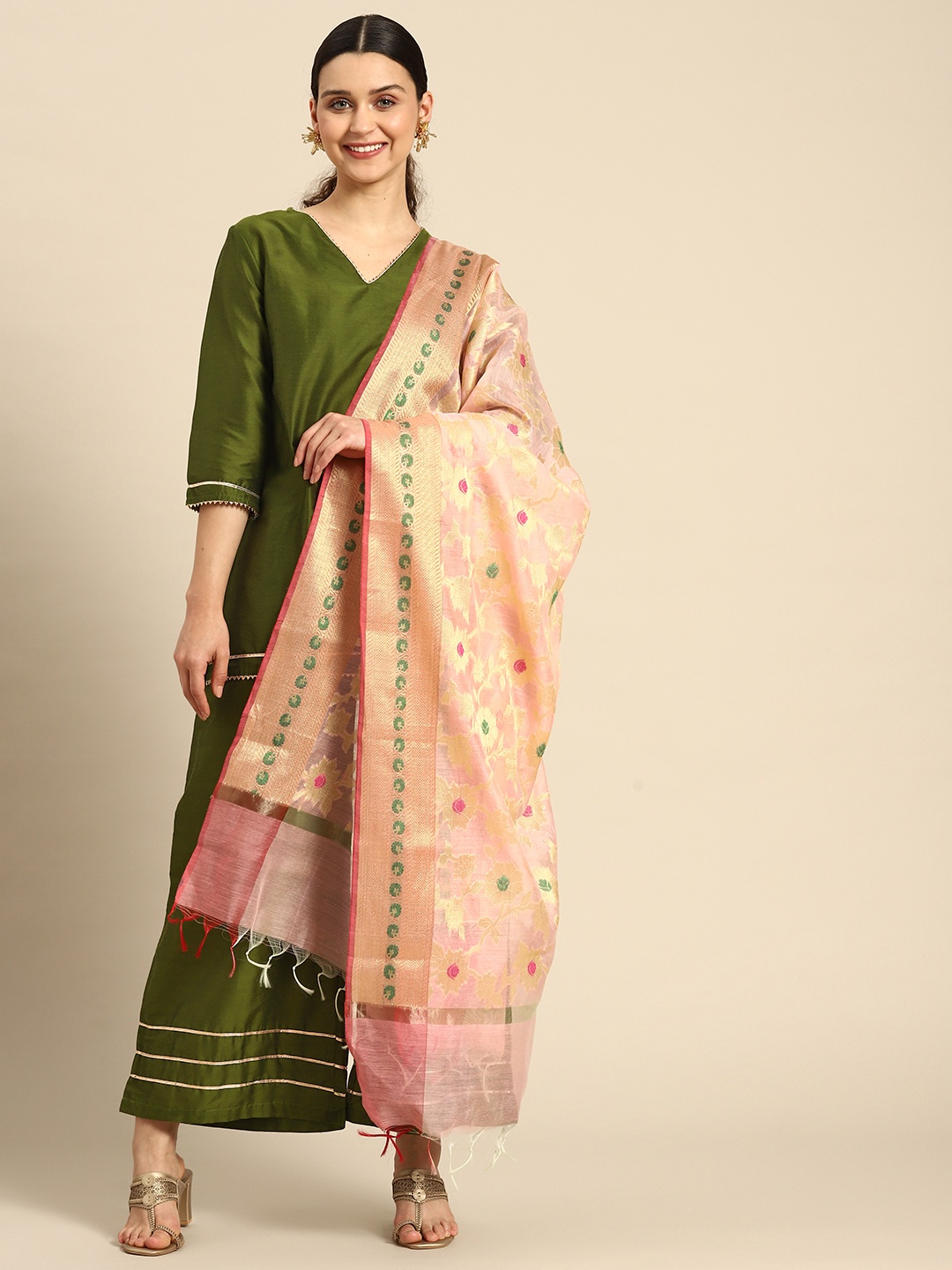 

Anouk Women Gotta Patti Kurti with Palazzos & Dupatta, Olive