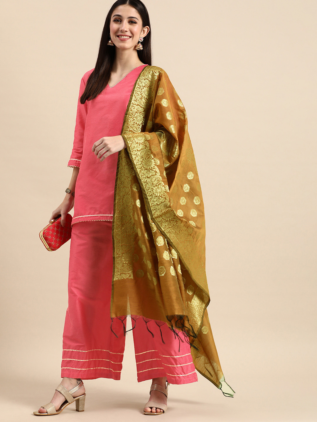 

Anouk Women Pink Kurti with Palazzos & With Embroidered Dupatta