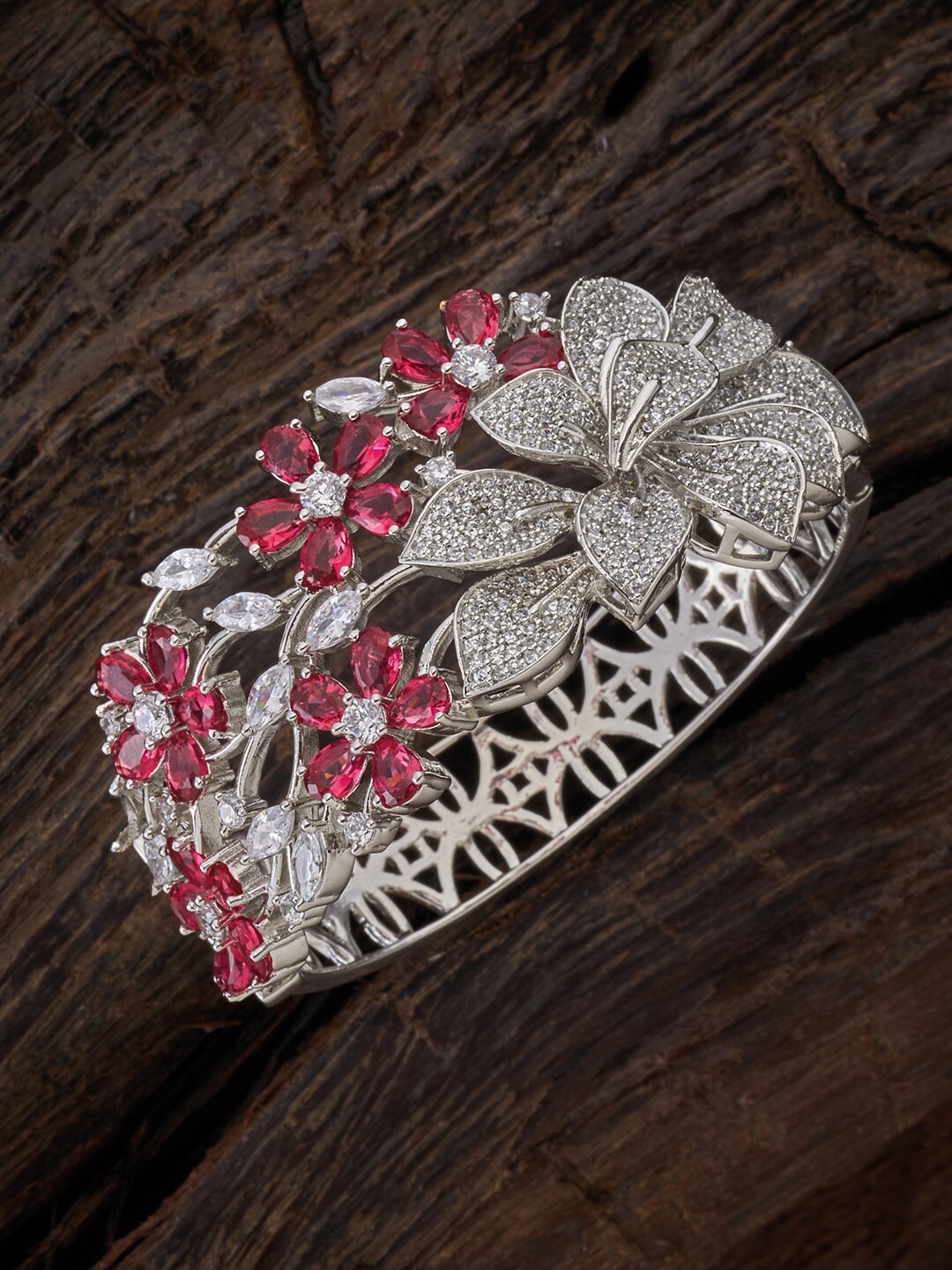

Kushal's Fashion Jewellery Women Silver-Toned & Red Cubic Zirconia Rhodium-Plated Kada Bracelet