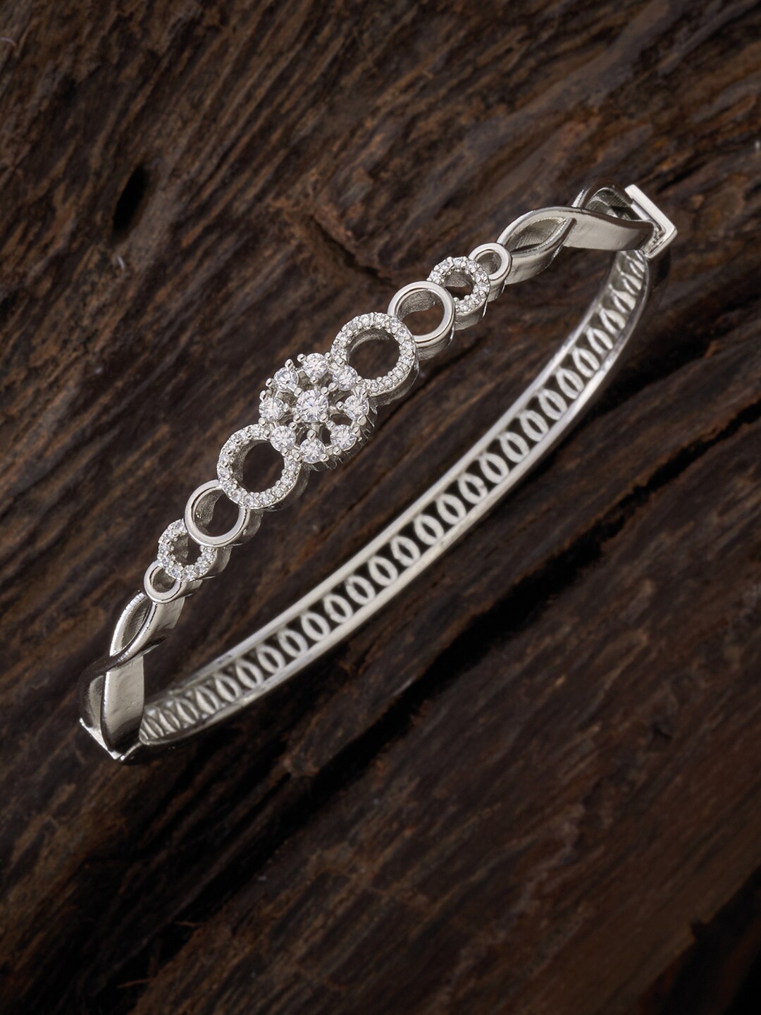 

Kushal's Fashion Jewellery Women Silver-Toned & White Cubic Zirconia Rhodium-Plated Kada Bracelet