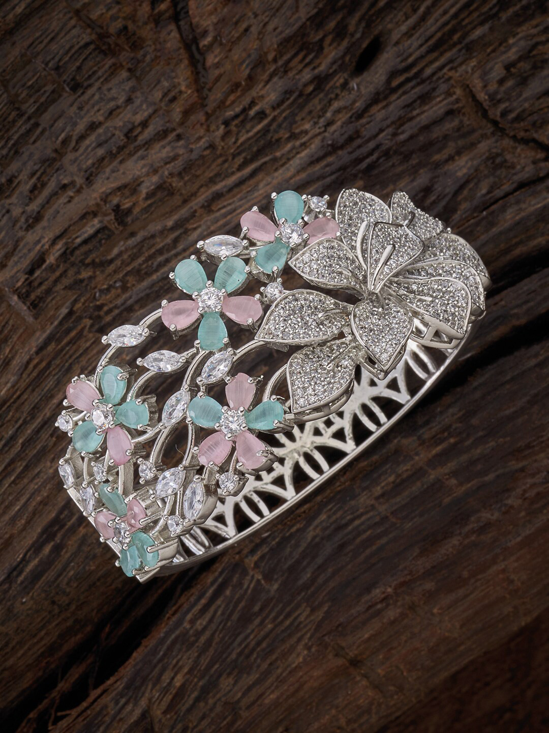 

Kushal's Fashion Jewellery Women Silver-Toned & Pink Cubic Zirconia Rhodium-Plated Kada Bracelet