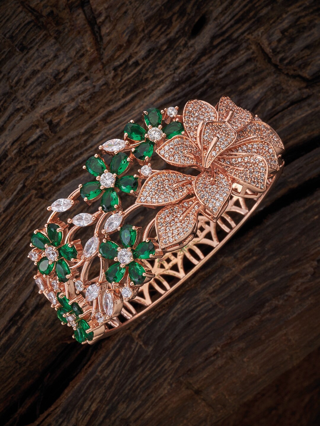 

Kushal's Fashion Jewellery Women Rose Gold & Green Cubic Zirconia Kada Bracelet