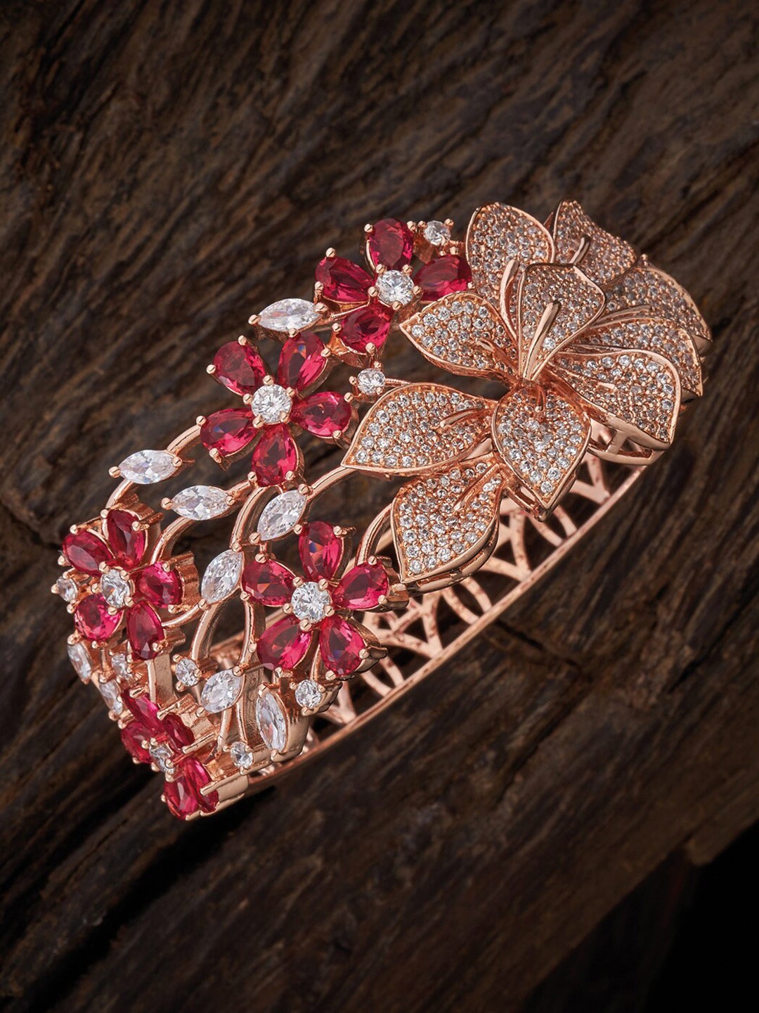 

Kushal's Fashion Jewellery Women Gold-Toned & Pink Cubic Zirconia Rose Gold-Plated Kada Bracelet