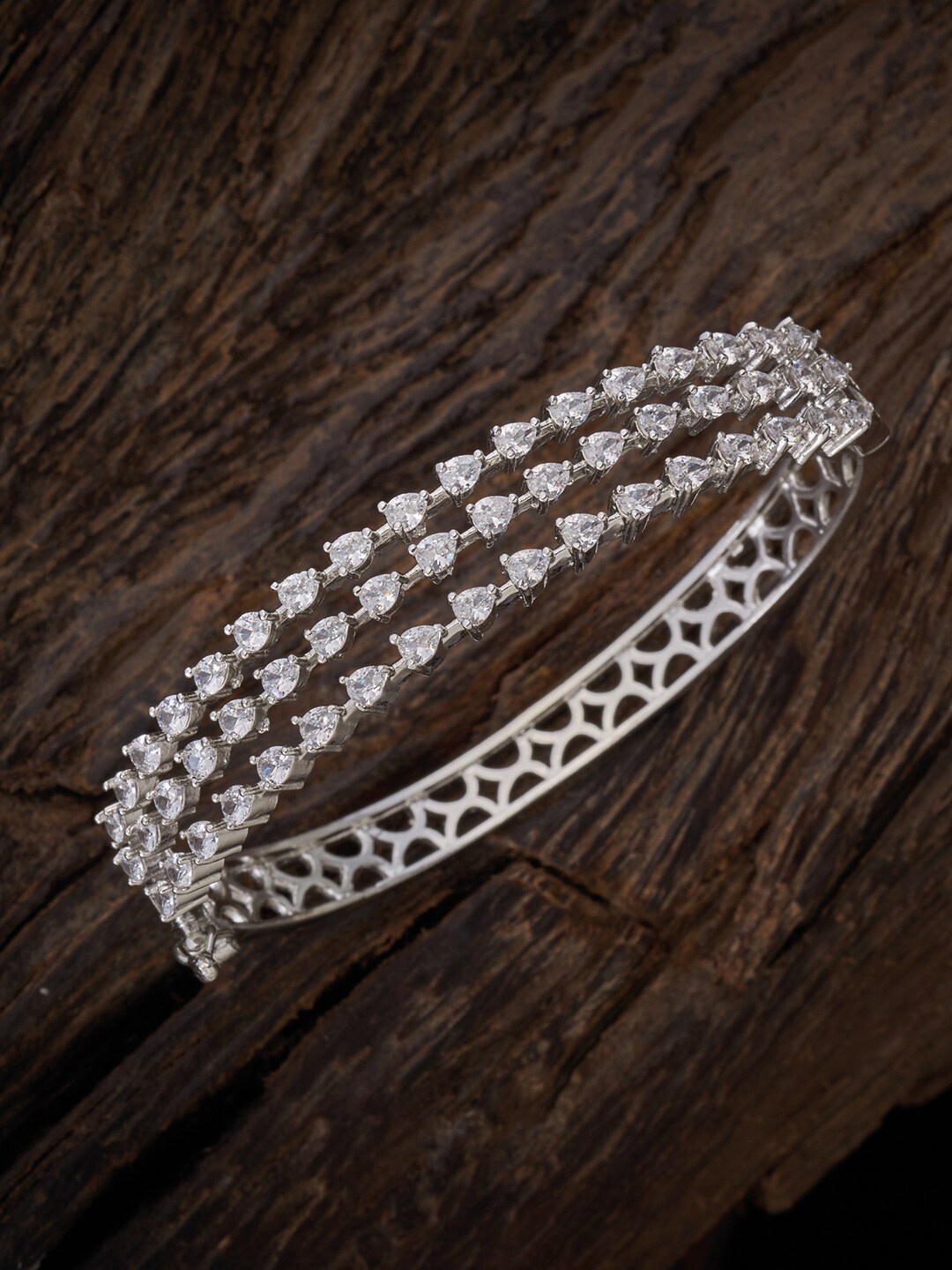 

Kushal's Fashion Jewellery Women White & Silver-Toned Cubic Zirconia Rhodium-Plated Kada Bracelet