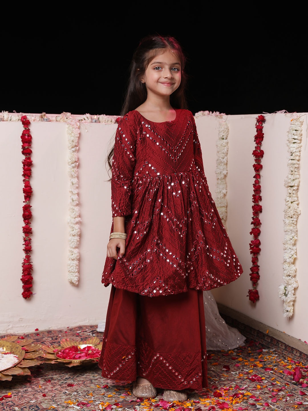 

VASTRAMAY Girls Maroon Embroidered Mirror Work Ready to Wear Lehenga Set