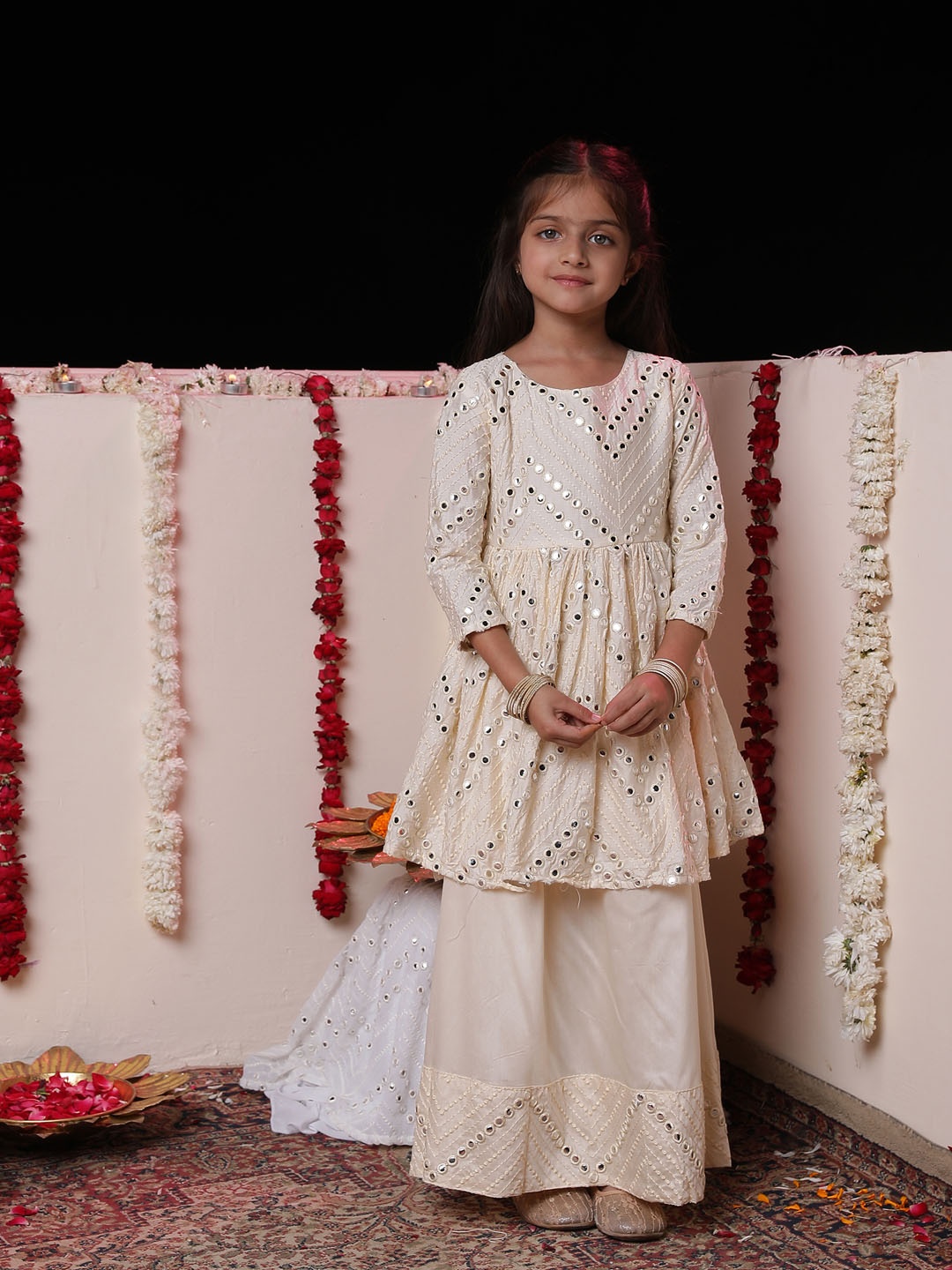 

VASTRAMAY Girls Cream-Coloured Embroidered Mirror Work Ready to Wear Lehenga Set