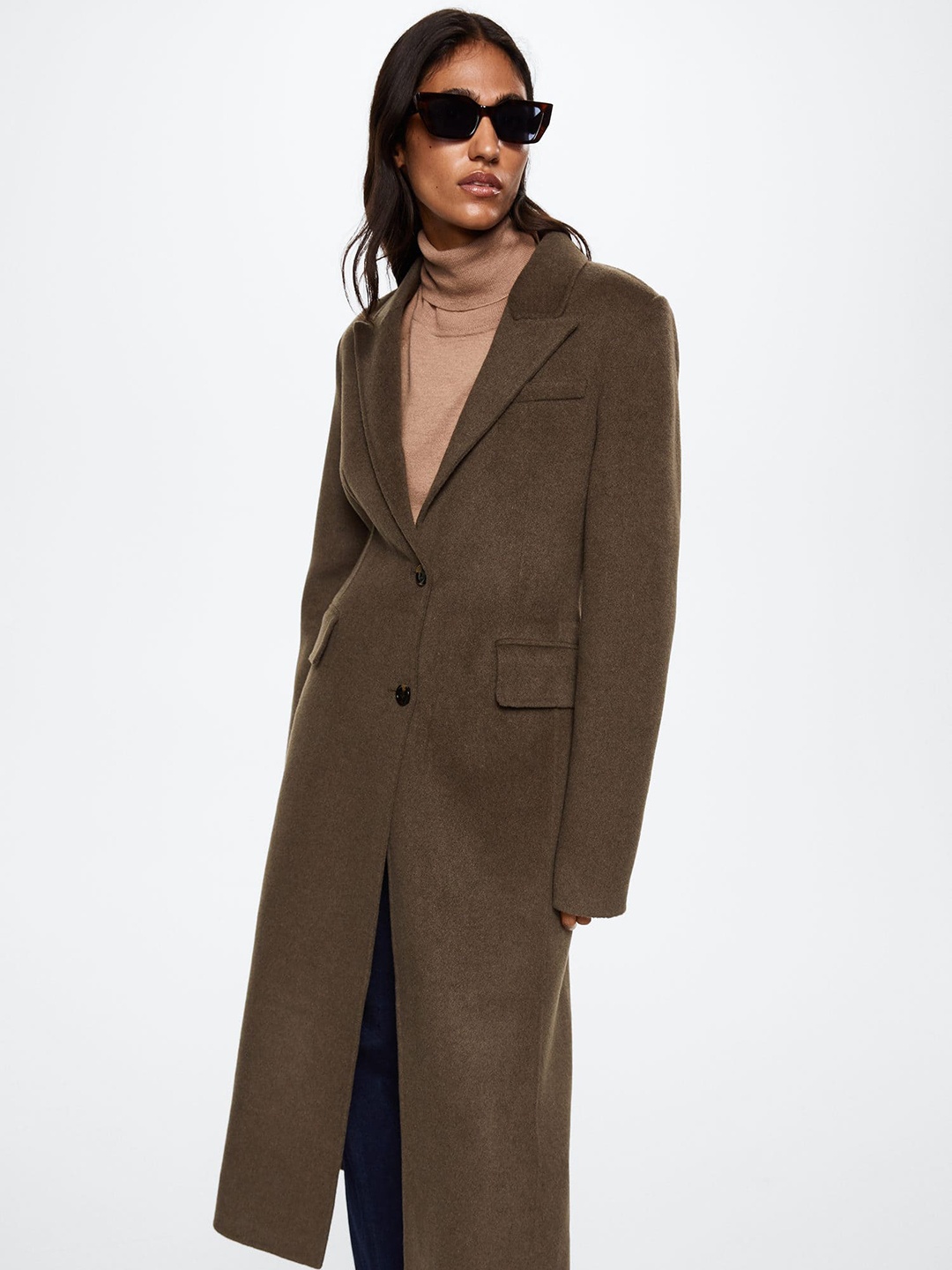 

MANGO Women Brown Fitted Handmade Wool Longline Sustainable Overcoat