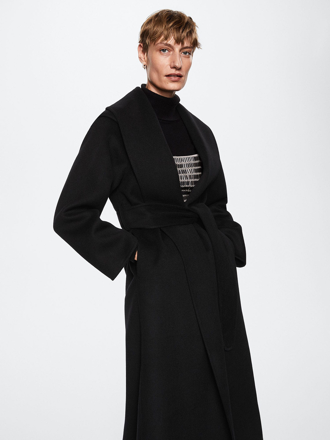

MANGO Women Black Handmade Robe Wool Sustainable Longline Overcoat