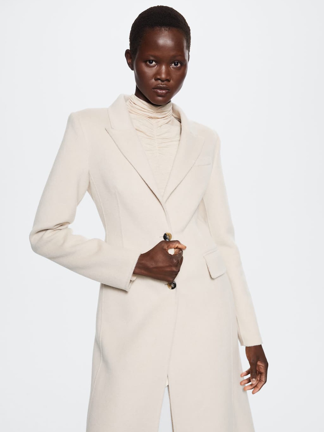 

MANGO Women Off-White Fitted Handmade Wool Sustainable Longline Overcoat