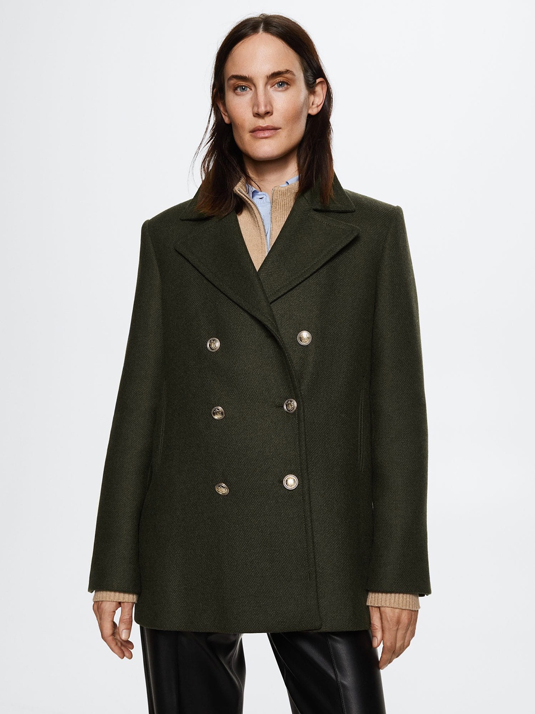 

MANGO Women Olive Green Twill Double-Breasted Overcoat