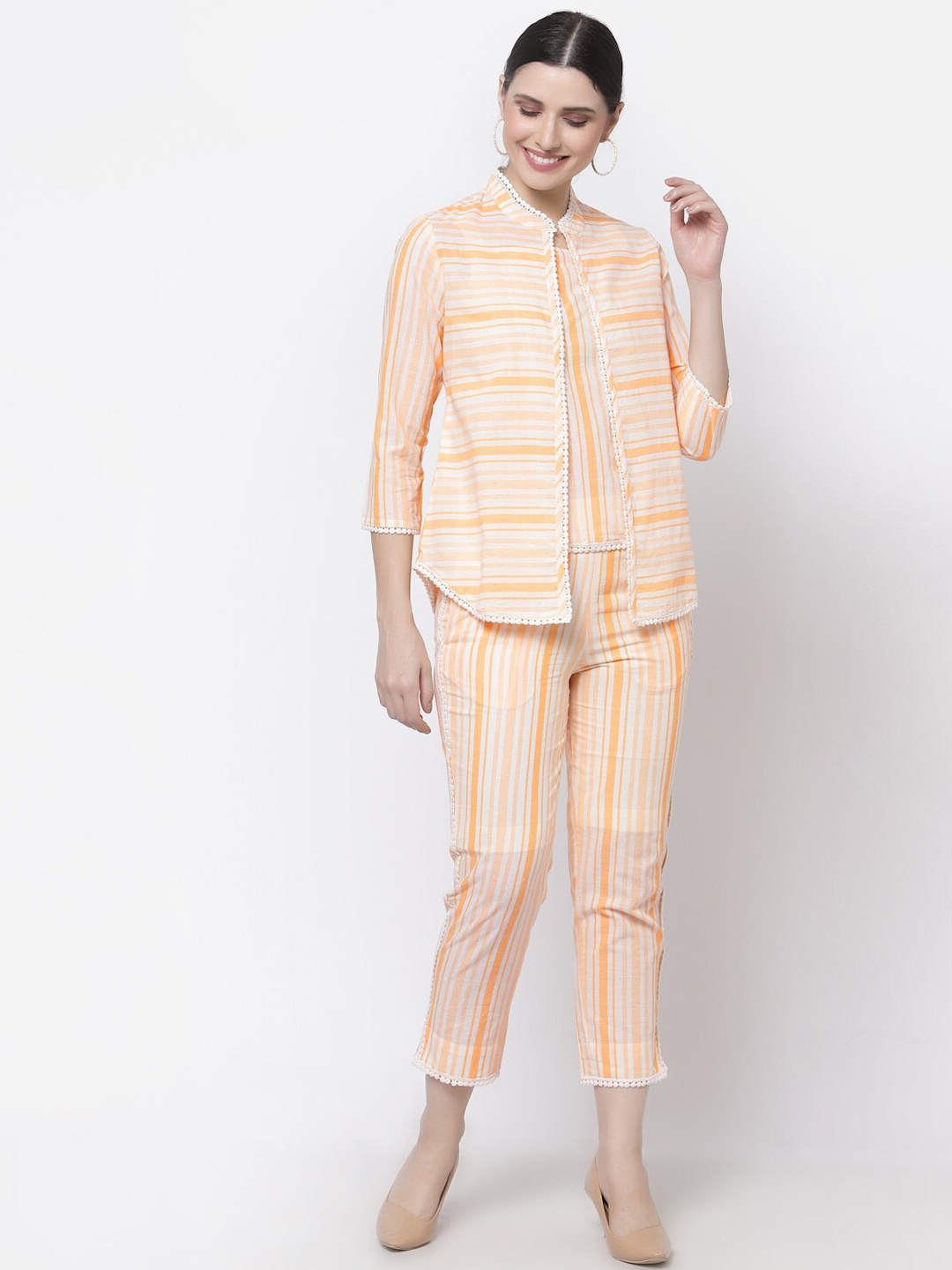 

bellamia Women Yellow Striped Pure Cotton Co-Ord Set, Peach