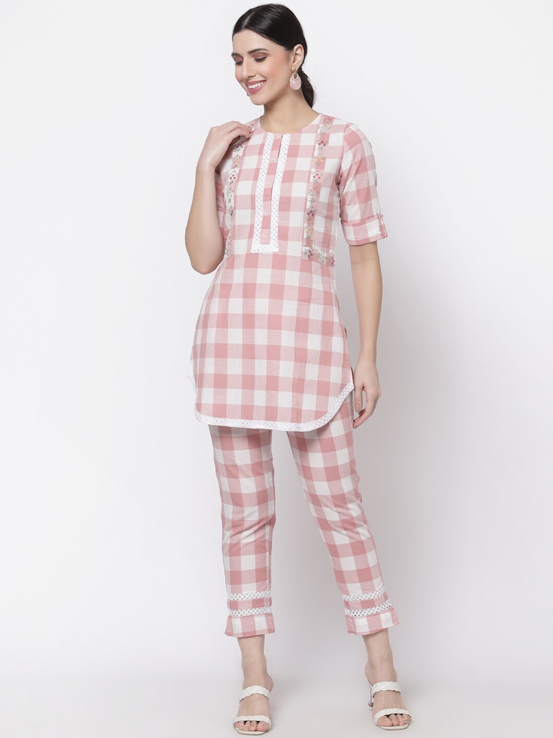

bellamia Women Pink & White Checked Pure Cotton Co-Ords Set