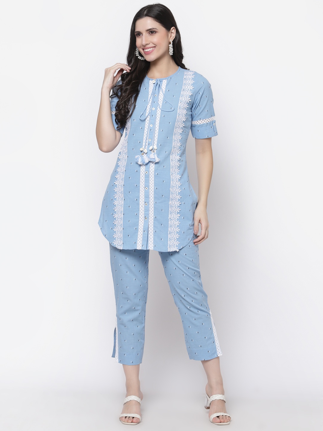 

bellamia Women Blue Geometric Printed Pure Cotton Co-Ords