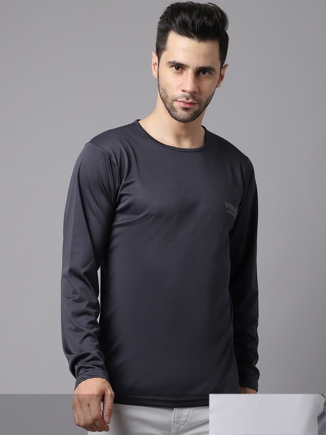 

MACK JONNEY JONNEY Men Grey & Black Pack of 2 Solid T-shirt