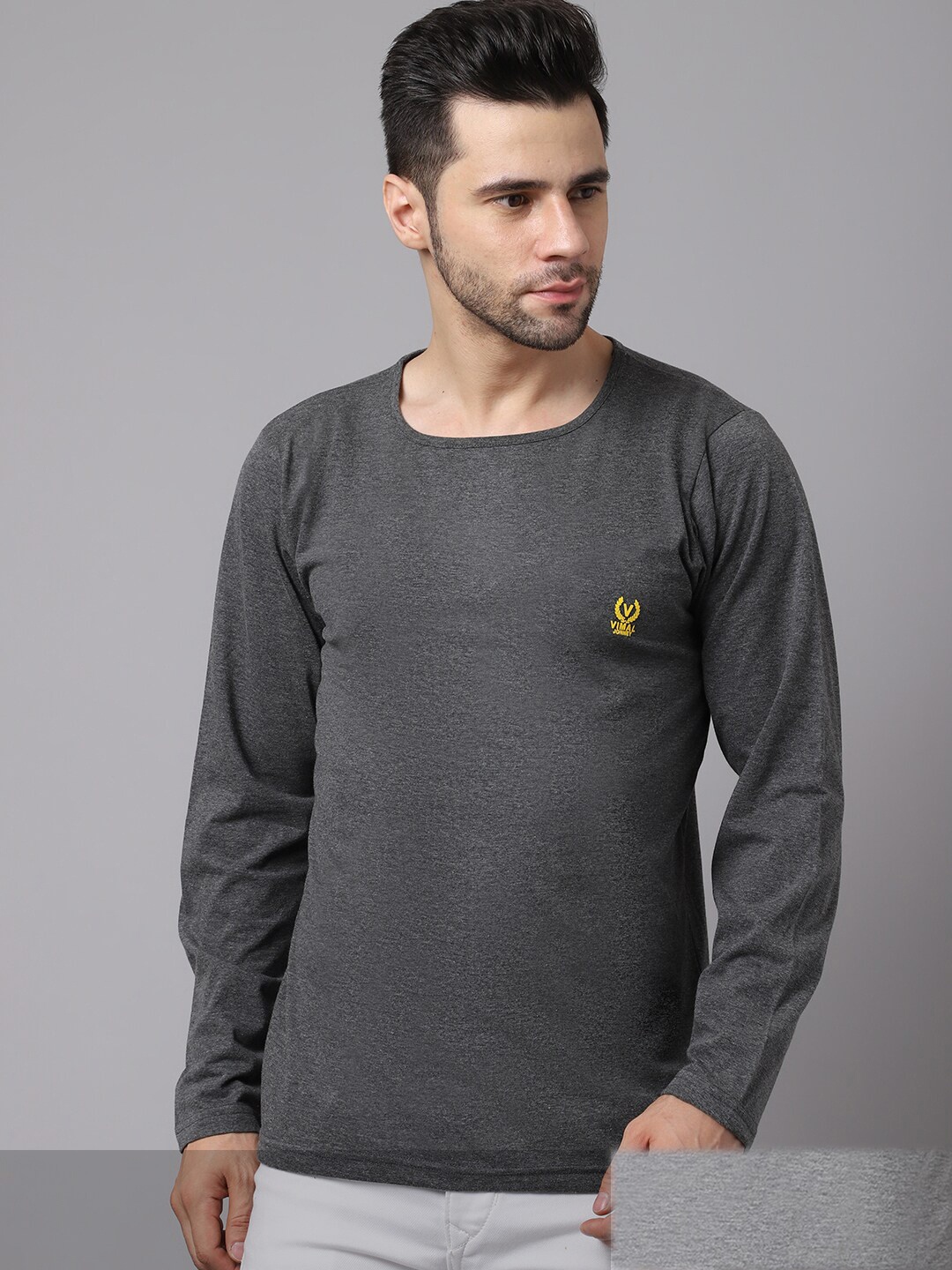 

MACK JONNEY Men Pack Of 2 Grey & Charcoal Cotton T-shirt