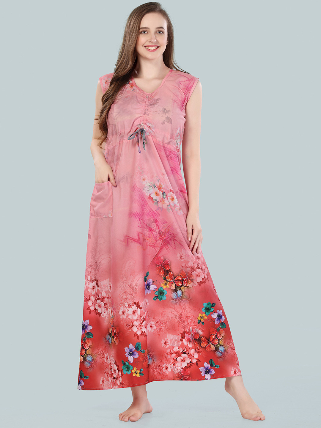 

Be You Peach-Coloured Printed Maxi Nightdress