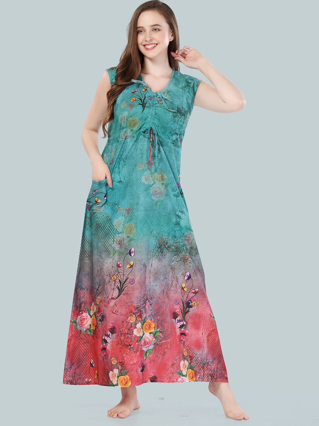 

Be You Women Turquoise Blue Printed Maxi Nightdress BUF-GOWN-2361