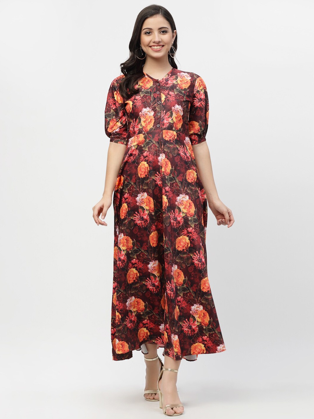 

MISS AYSE Women Brown & Orange Floral Crepe Maxi Dress