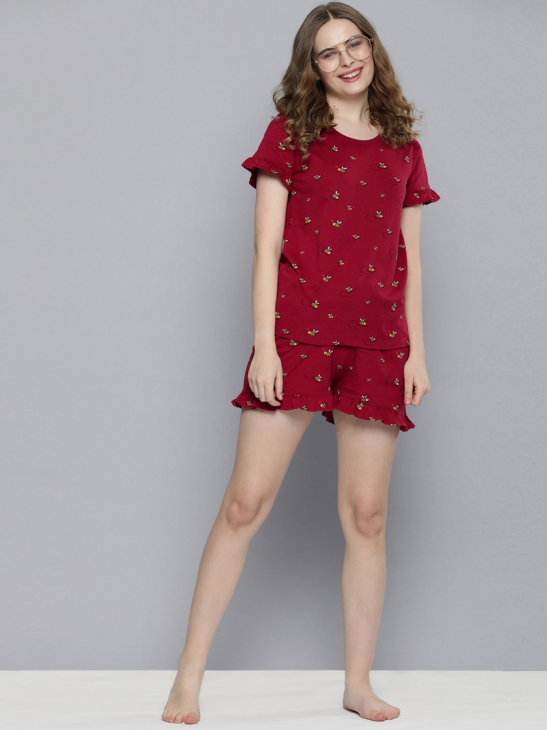 

Mast & Harbour Women Printed Pure Cotton Night suit, Maroon