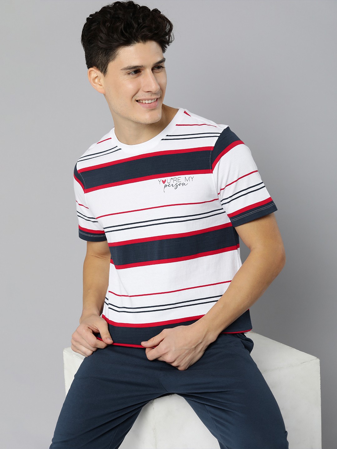 

Mast & Harbour Men Striped Pure Cotton Night suit, Navy blue