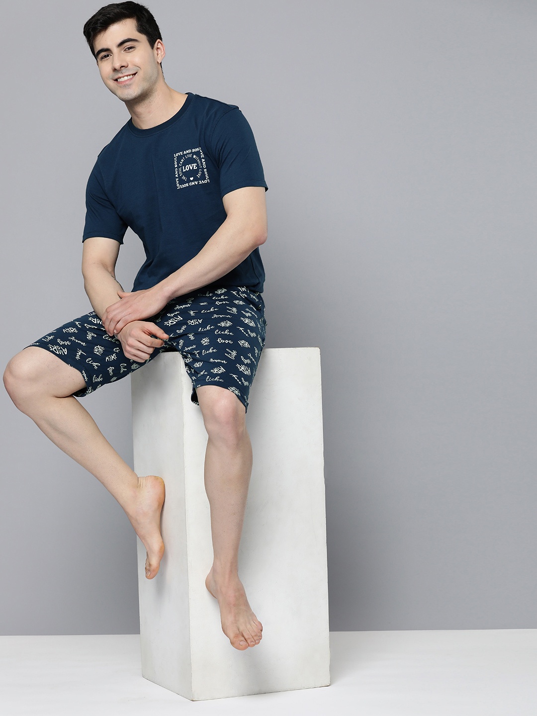 

Mast & Harbour Men Pure Cotton Printed Night suit, Navy blue