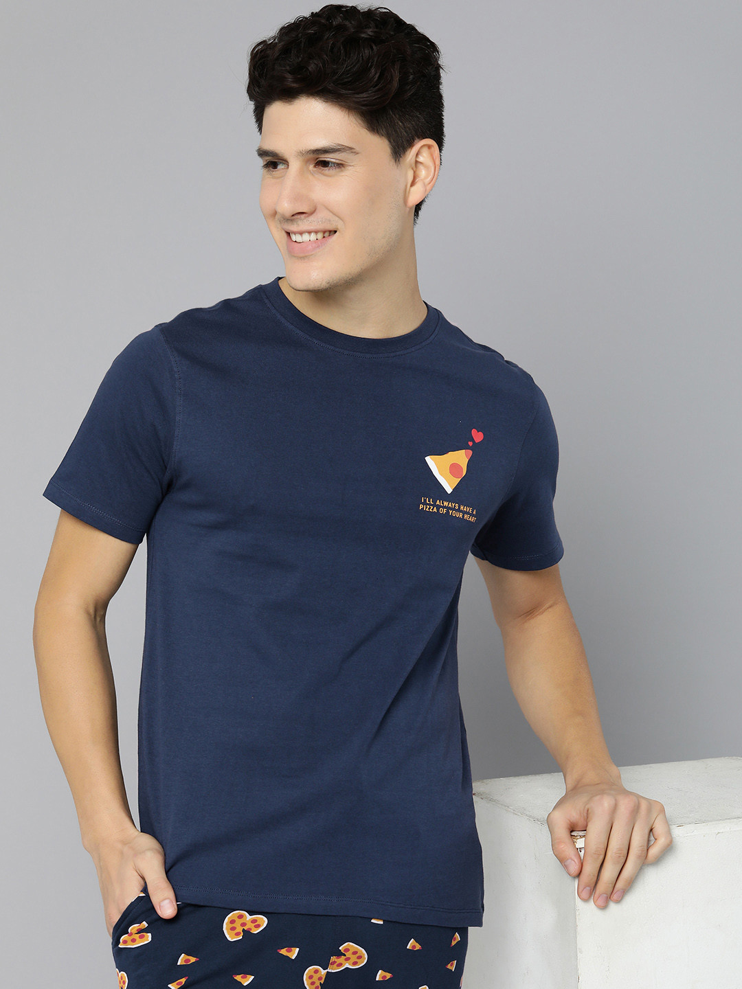 

Mast & Harbour Men Pure Cotton Printed Night suit, Navy blue