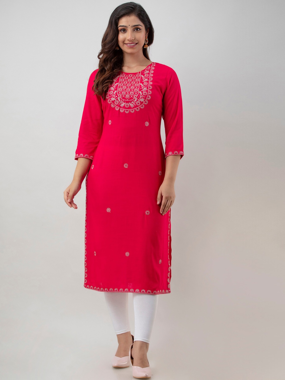 

CKM Women Red Solid Embroidered Thread Work Straight Kurta