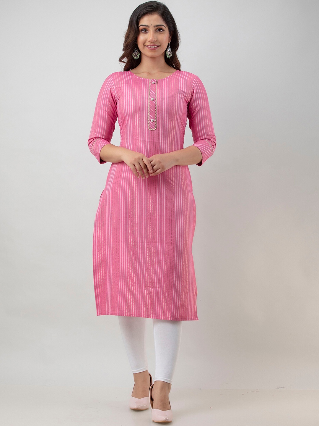 

CKM Women Pink Printed Gotta Patti Straight Cotton Silk Kurta