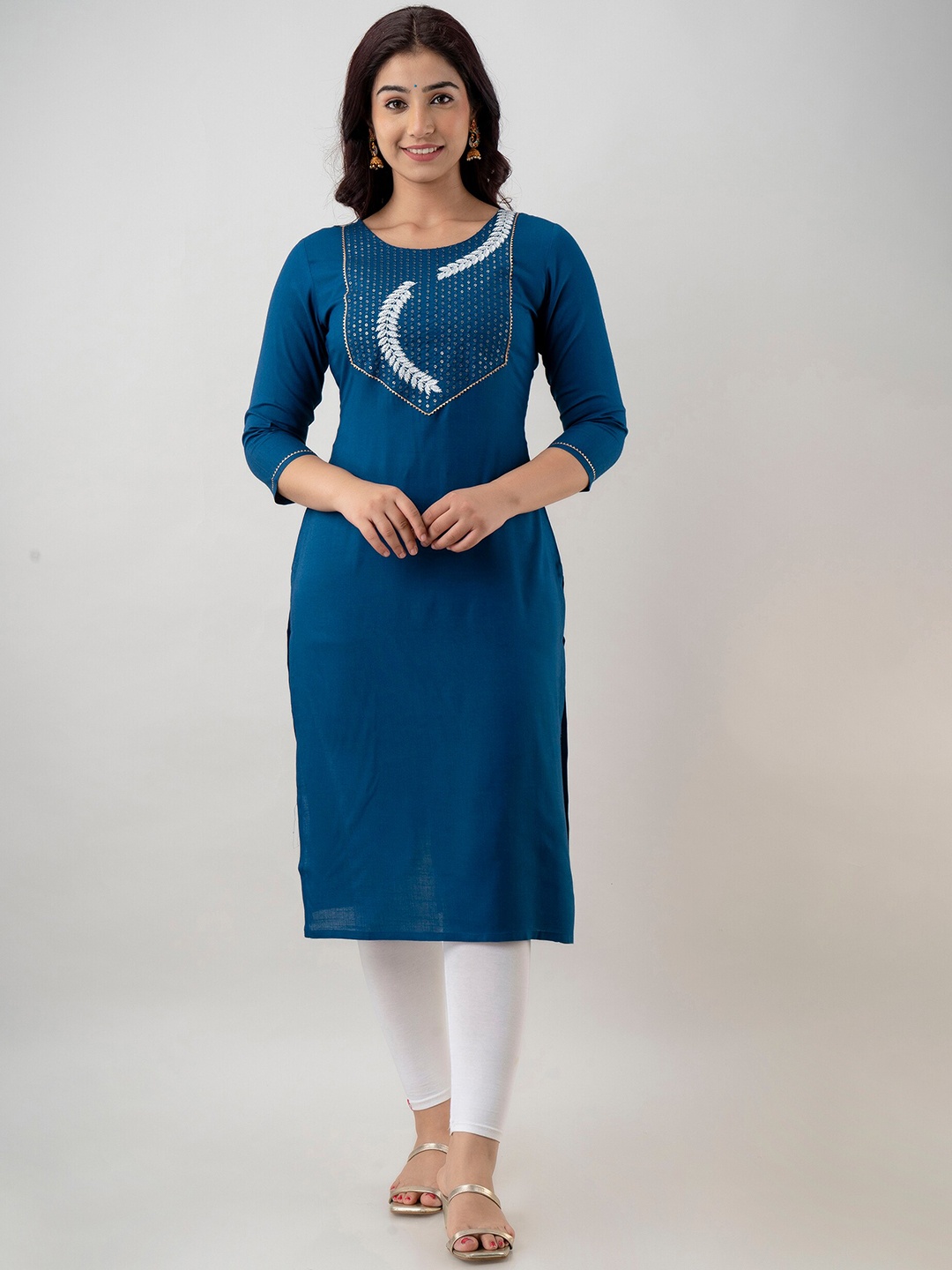 

CKM Women Blue Solid Yoke Design Thread Work Kurta
