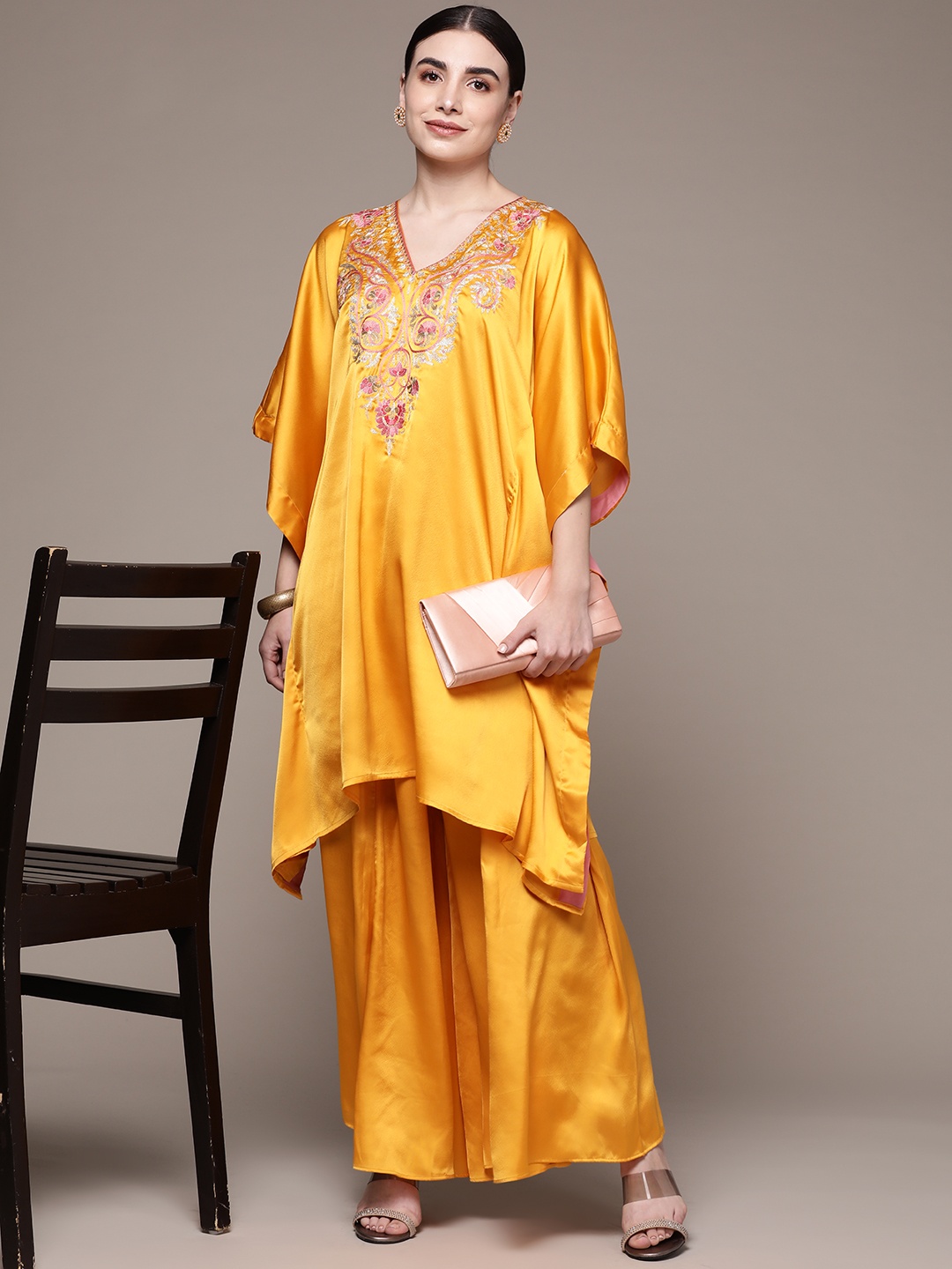 

aarke Ritu Kumar Women Embroidered Thread Work Kurta with Palazzos, Yellow