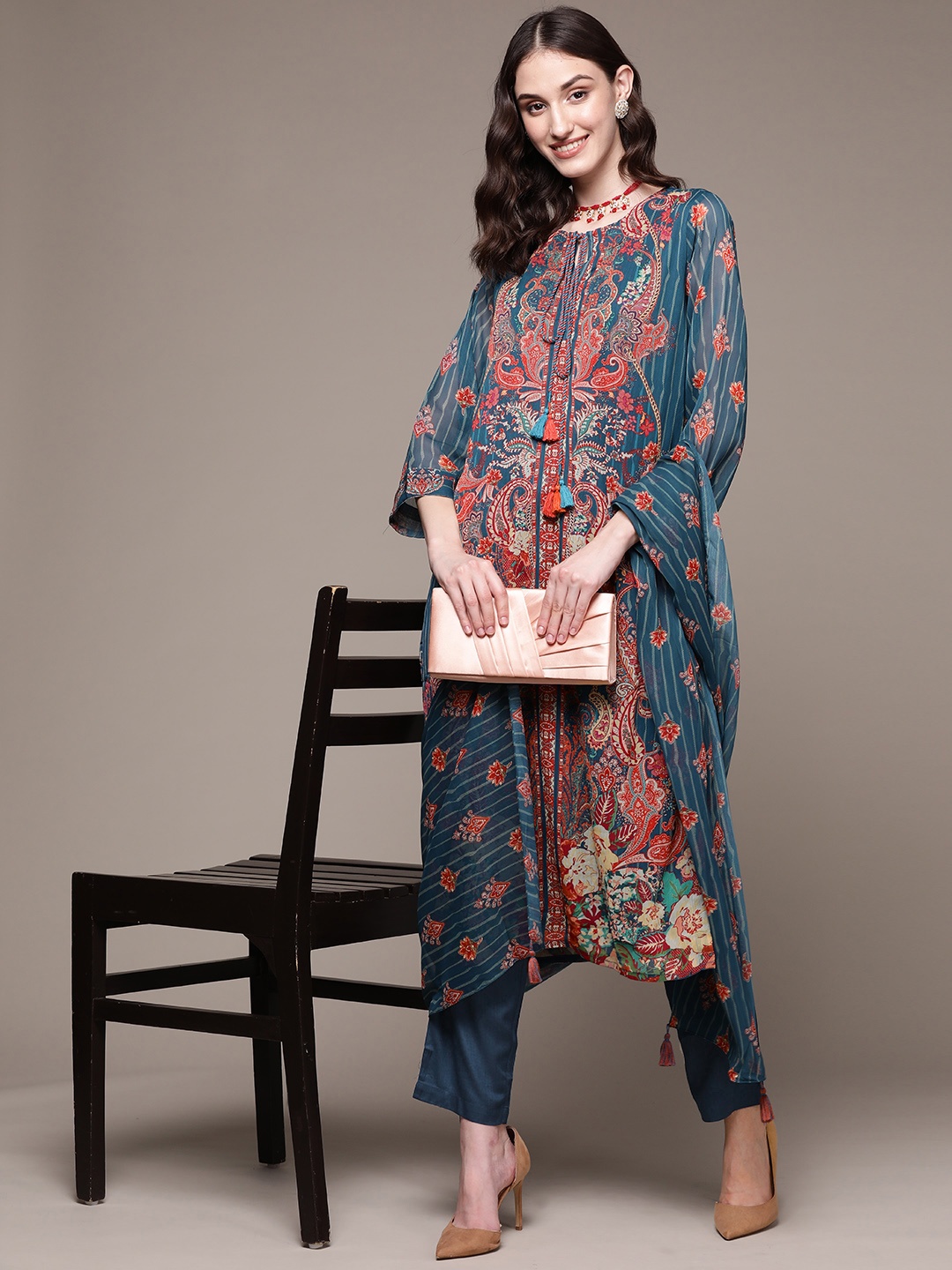 

aarke Ritu Kumar Women Paisley Printed Kurta with Trousers & Dupatta, Blue