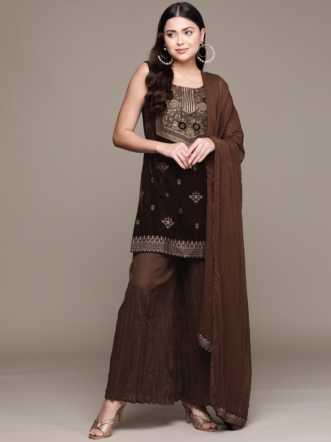 

aarke Ritu Kumar Floral Embroidered Thread Work Velvet Kurti With Sharara & Dupatta, Brown