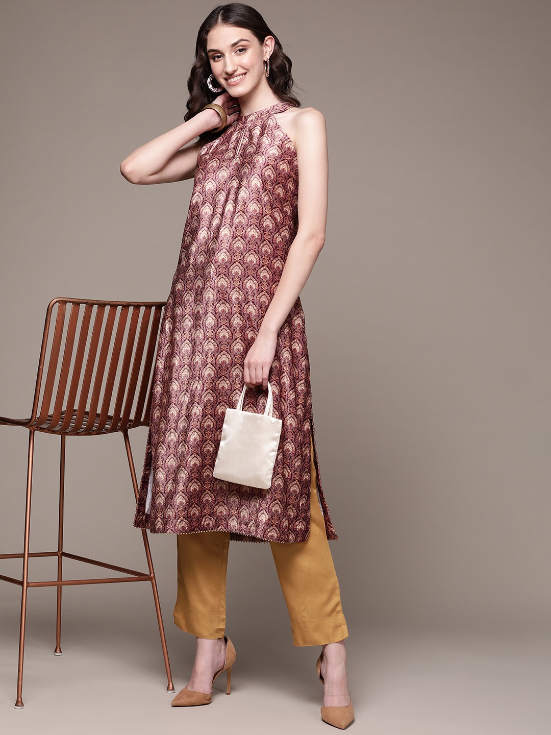 

aarke Ritu Kumar Women Brown Ethnic Motifs Printed Velvet Kurta with Trousers