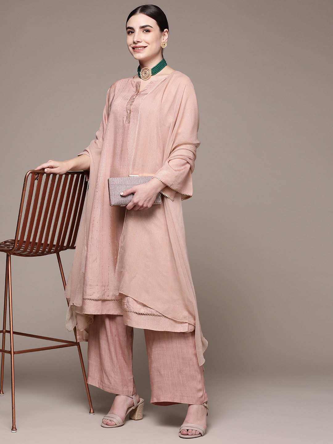 

aarke Ritu Kumar Women Pink Sequinned Kurta with Trousers & With Dupatta
